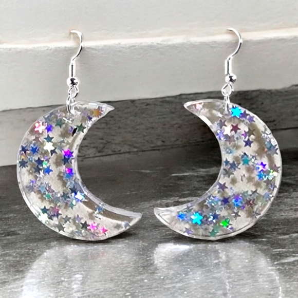 Resin Holographic Star Crescent Moon Earrings - Picture 1 of 2